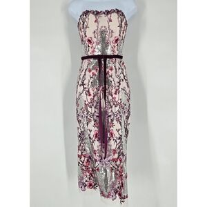 Marchesa Notte Floral Embellished Strapless Midi Dress Cocktail Wedding Size 2